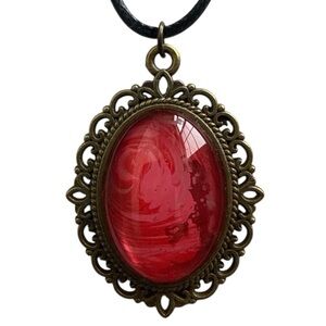 Handmade Red Rose Fluid Art Glass Pendant Necklace Oval Cabochon